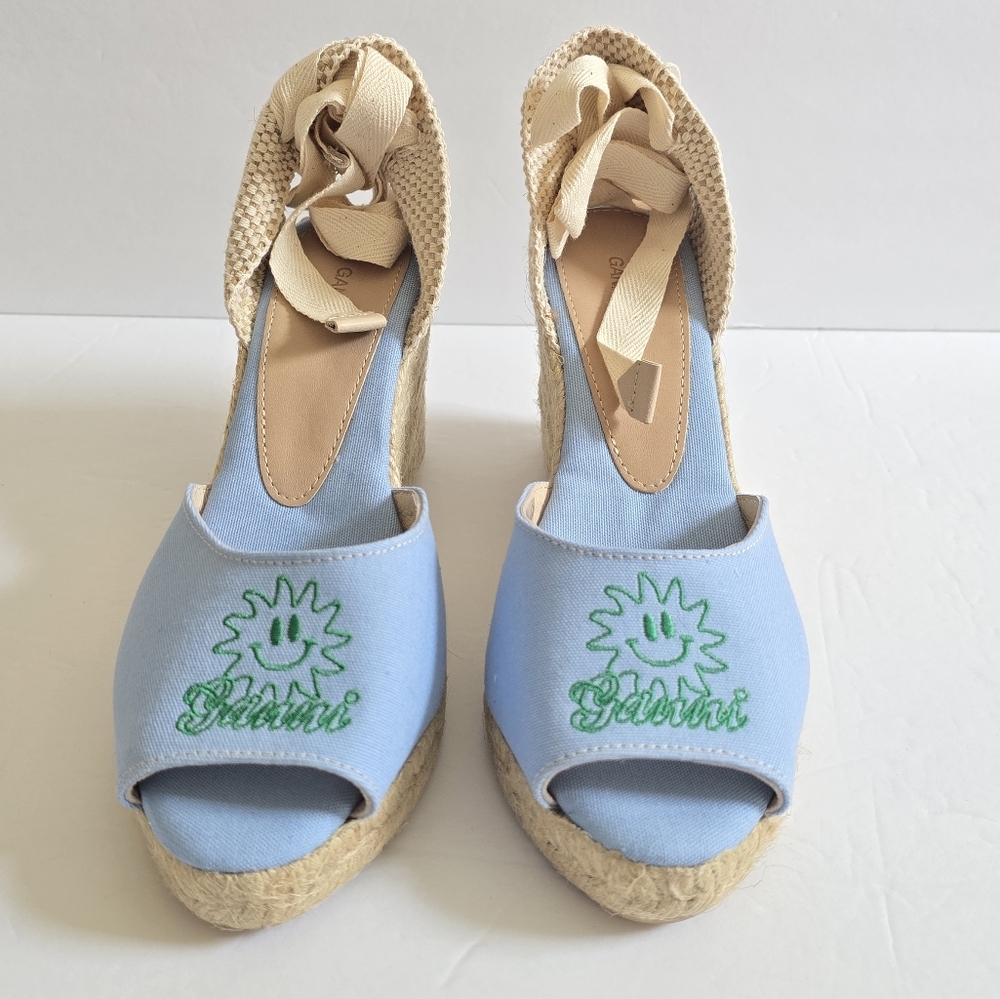 Ganni Canvas Open Toe Wedge Platform Lace Up Espadrilles Light Blue Cream - Picture 7 of 10